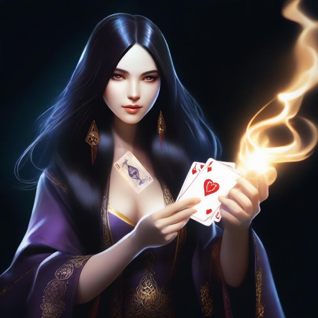 A female sorcerer with long black hair is holding magical game cards that glow with mystical energy