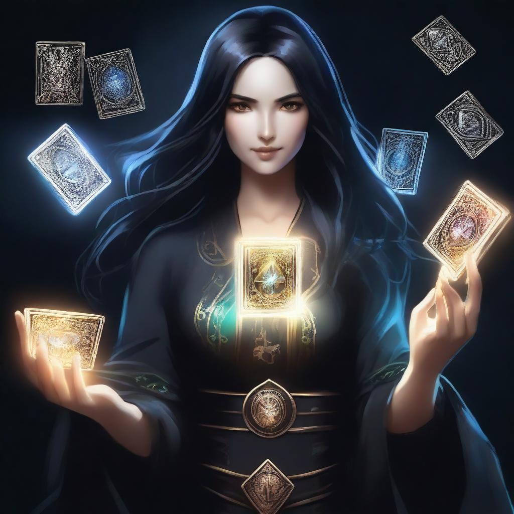 A female sorcerer with long black hair is holding magical game cards that glow with mystical energy