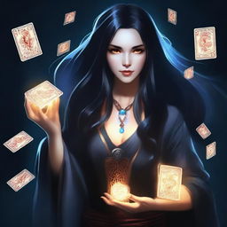 A female sorcerer with long black hair is holding magical game cards that glow with mystical energy