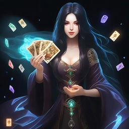 A female sorcerer with long black hair is holding magical game cards that glow with mystical energy