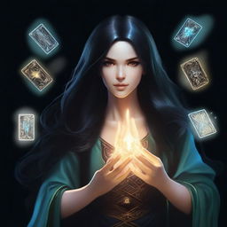 A female sorcerer with long black hair is holding magical game cards that glow with mystical energy