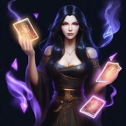 A female sorcerer with long black hair is holding magical game cards that glow with mystical energy