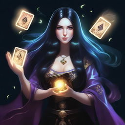 A female sorcerer with long black hair is holding magical game cards that glow with mystical energy