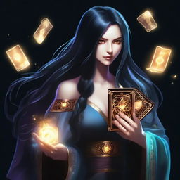 A female sorcerer with long black hair is holding magical game cards that glow with mystical energy