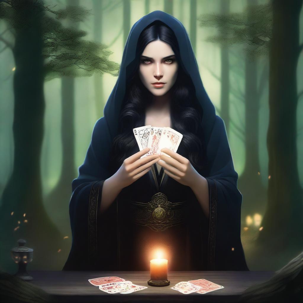 A female sorcerer with black hair holding game cards