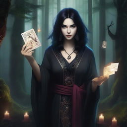 A female sorcerer with black hair holding game cards