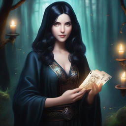 A female sorcerer with black hair holding game cards