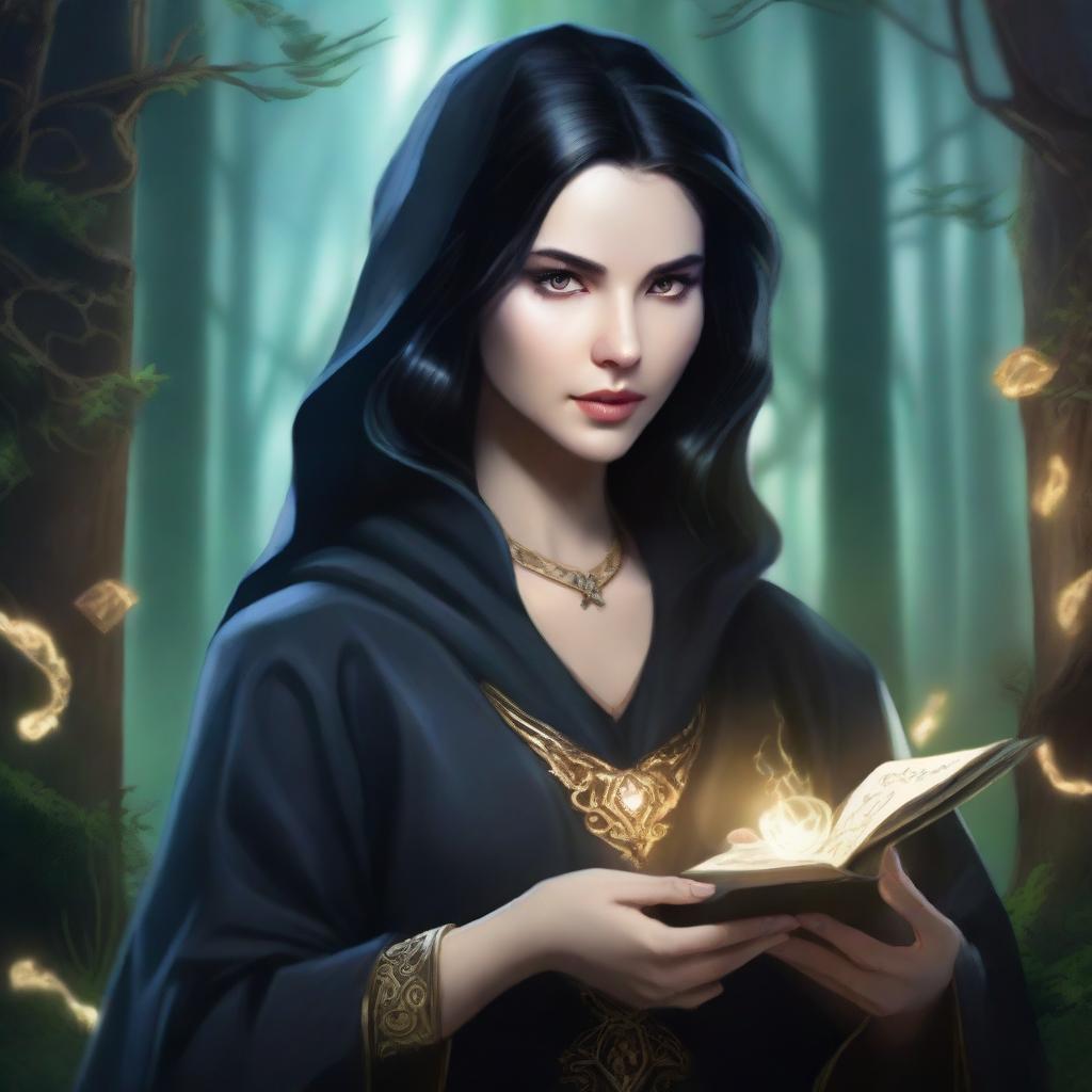 A female sorcerer with black hair holding game cards