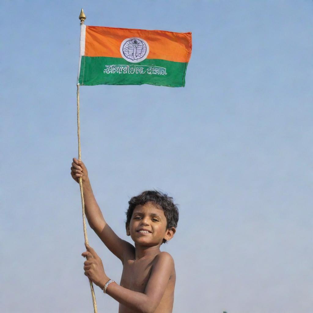 A young boy proudly holding up a flag with the slogan 'Jai Shree Ram' on it, waving in the gentle breeze against a clear sky.