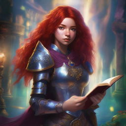 A Latina-skinned teen with red hair and freckles is depicted wearing detailed armor and holding a grimoire