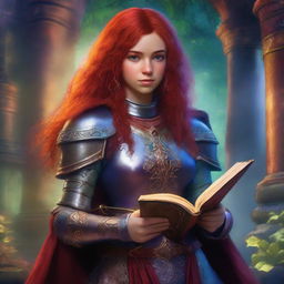 A Latina-skinned teen with red hair and freckles is depicted wearing detailed armor and holding a grimoire