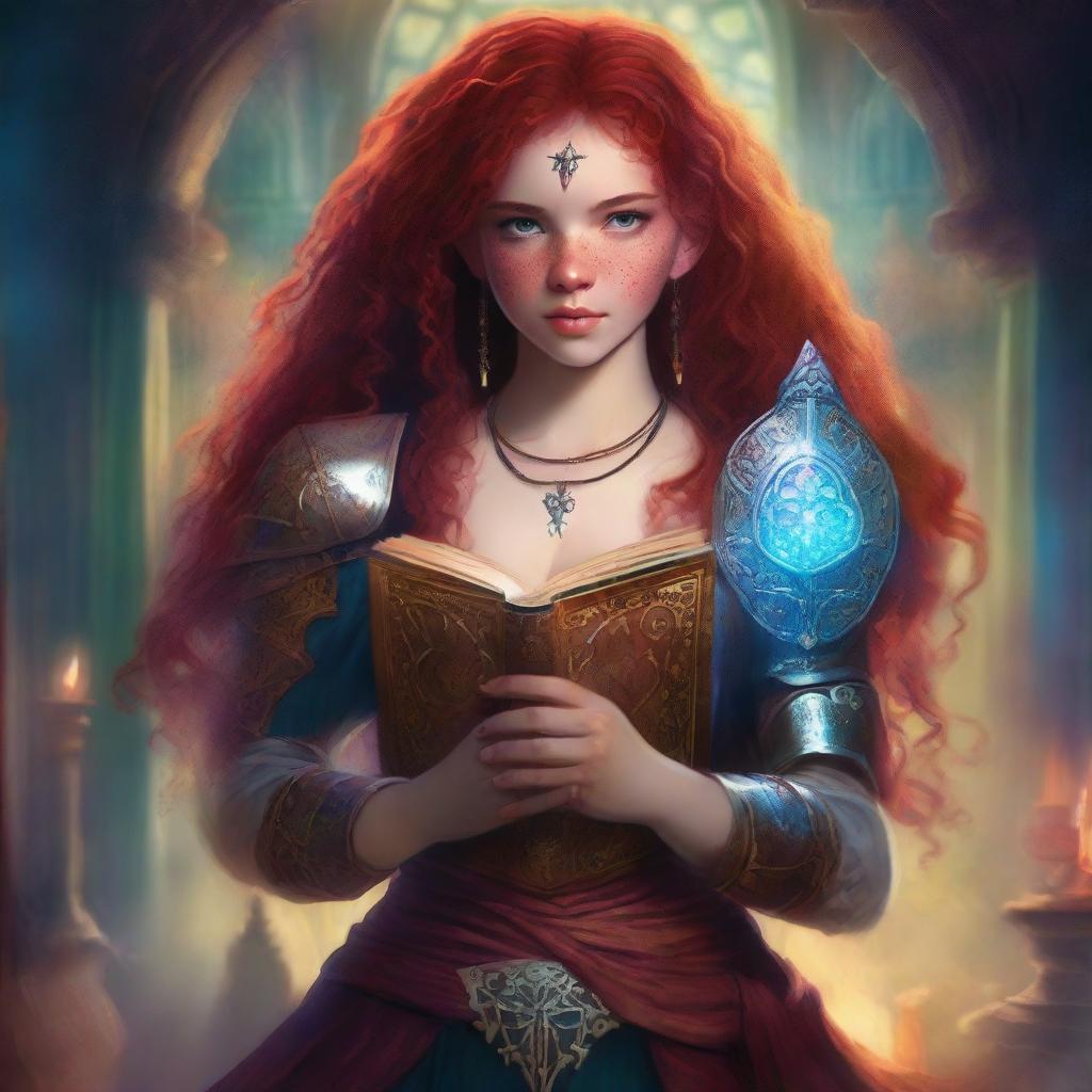 A Latina-skinned teen with red hair and freckles is depicted wearing detailed armor and holding a grimoire