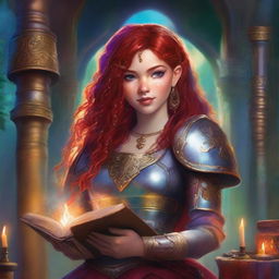 A Latina-skinned teen with red hair and freckles is depicted wearing detailed armor and holding a grimoire