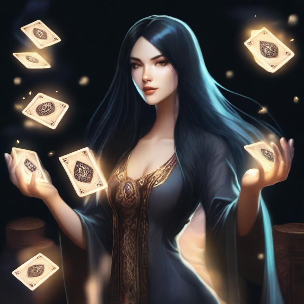 A female sorcerer with long black hair is holding magical game cards that glow with mystical energy