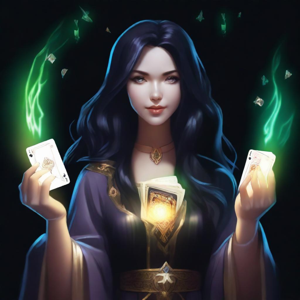 A female sorcerer with long black hair is holding magical game cards that glow with mystical energy