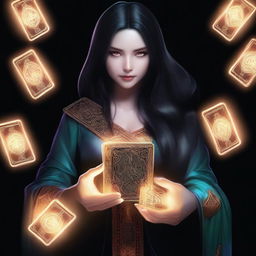 A female sorcerer with long black hair is holding magical game cards that glow with mystical energy