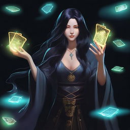 A female sorcerer with long black hair is holding magical game cards that glow with mystical energy