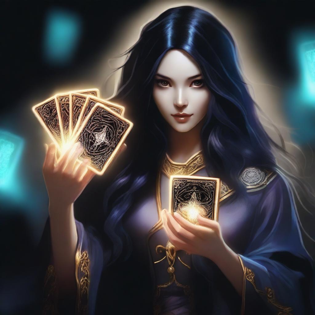 A female sorcerer with long black hair is holding magical game cards that glow with mystical energy