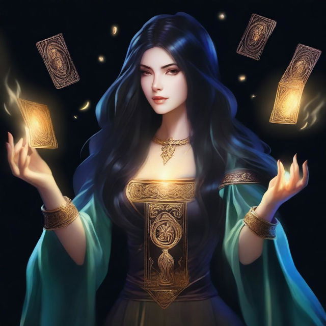 A female sorcerer with long black hair is holding magical game cards that glow with mystical energy