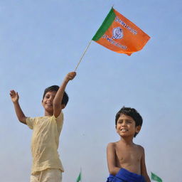 A young boy proudly holding up a flag with the slogan 'Jai Shree Ram' on it, waving in the gentle breeze against a clear sky.