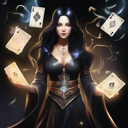 A female sorcerer with long black hair is holding magical game cards that glow with mystical energy