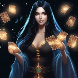 A female sorcerer with long black hair is holding magical game cards that glow with mystical energy