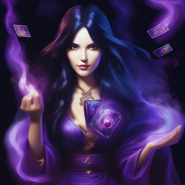 A female sorcerer with long black hair is surrounded by swirling purple smoke