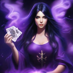 A female sorcerer with long black hair is surrounded by swirling purple smoke