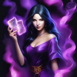 A female sorcerer with long black hair is surrounded by swirling purple smoke