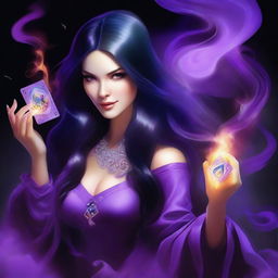 A female sorcerer with long black hair is surrounded by swirling purple smoke