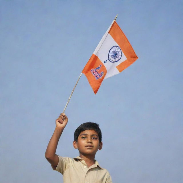 A young boy proudly holding up a flag with the slogan 'Jai Shree Ram' on it, waving in the gentle breeze against a clear sky.