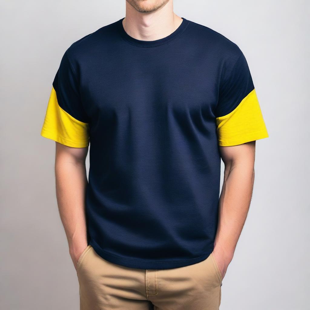 A navy-colored t-shirt featuring a prominent yellow stripe on the left sleeve