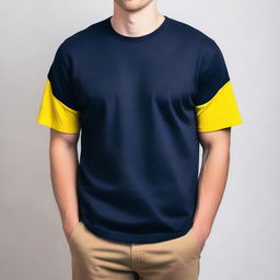 A navy-colored t-shirt featuring a prominent yellow stripe on the left sleeve