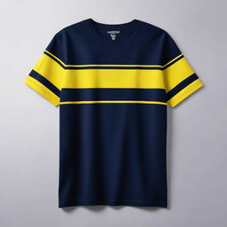 A navy-colored t-shirt featuring a prominent yellow stripe on the left sleeve