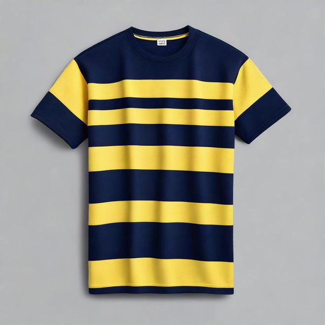 A navy-colored t-shirt featuring a prominent yellow stripe on the left sleeve