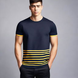 A navy-colored t-shirt featuring a prominent yellow stripe on the left sleeve