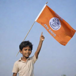 A young boy proudly holding up a flag with the slogan 'Jai Shree Ram' on it, waving in the gentle breeze against a clear sky.