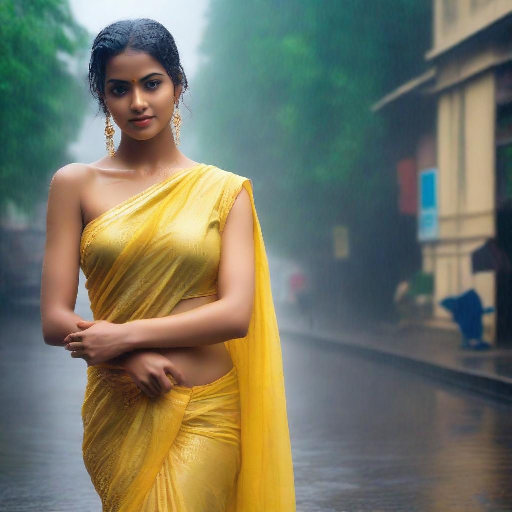 A stunningly beautiful Indian model wearing a yellow transparent chiffon saree, soaking wet in the rain