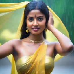 A stunningly beautiful Indian model wearing a yellow transparent chiffon saree, soaking wet in the rain