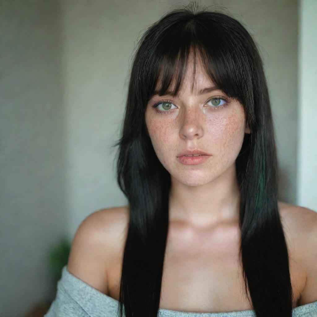 casual photograpy medium body, female, 23 year old with green eyes and black long hai with withe streaks in the bangs.,freckles, self on the mirror, hype clothes, relax time, medium distance shot, 4k hd,  --style raw--v 5.2 ar 2-3