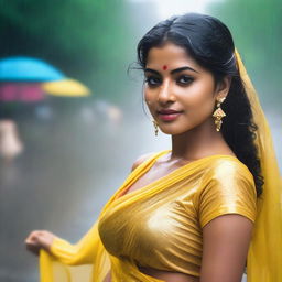 A stunningly beautiful Indian model wearing a yellow transparent chiffon saree, soaking wet in the rain