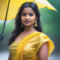 A stunningly beautiful Indian model wearing a yellow transparent chiffon saree, soaking wet in the rain