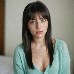 casual photograpy medium body, female, 23 year old with green eyes and black long hai with withe streaks in the bangs.,freckles, self on the mirror, hype clothes, relax time, medium distance shot, 4k hd,  --style raw--v 5.2 ar 2-3