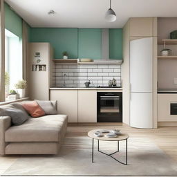 A combined living room and kitchen area within a 3x3 meter space