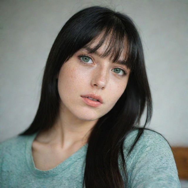 casual photograpy medium body, female, 23 year old with green eyes and black long hai with withe streaks in the bangs.,freckles, self on the mirror, hype clothes, relax time, medium distance shot, 4k hd,  --style raw--v 5.2 ar 2-3