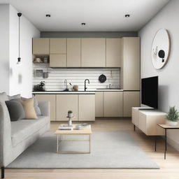 A combined living room and kitchen area within a 3x2 meter space