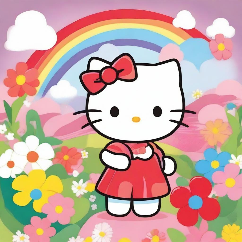 A cute and adorable Hello Kitty character standing in a colorful and cheerful environment