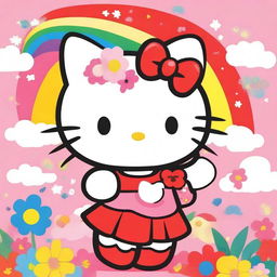 A cute and adorable Hello Kitty character standing in a colorful and cheerful environment