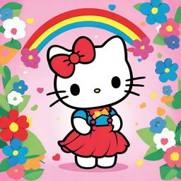 A cute and adorable Hello Kitty character standing in a colorful and cheerful environment