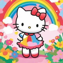 A cute and adorable Hello Kitty character standing in a colorful and cheerful environment